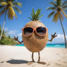 A daring coconut character with hands and legs, with an edgy stare from behind sunglasses, striking a cool pose on a sandy beach with palm trees.