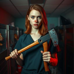 A realistic movie-like scene featuring a beautiful teenage redhead with shoulder-length hair, gripping a bloody axe in her hand