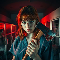 A realistic movie-like scene featuring a beautiful teenage redhead with shoulder-length hair, gripping a bloody axe in her hand