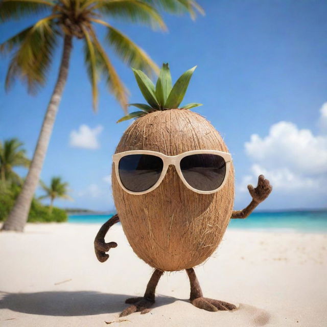 A daring coconut character with hands and legs, with an edgy stare from behind sunglasses, striking a cool pose on a sandy beach with palm trees.