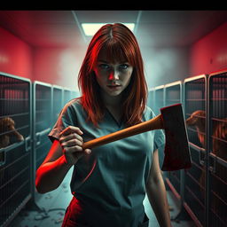 A realistic movie-like scene featuring a beautiful teenage redhead with shoulder-length hair, gripping a bloody axe in her hand