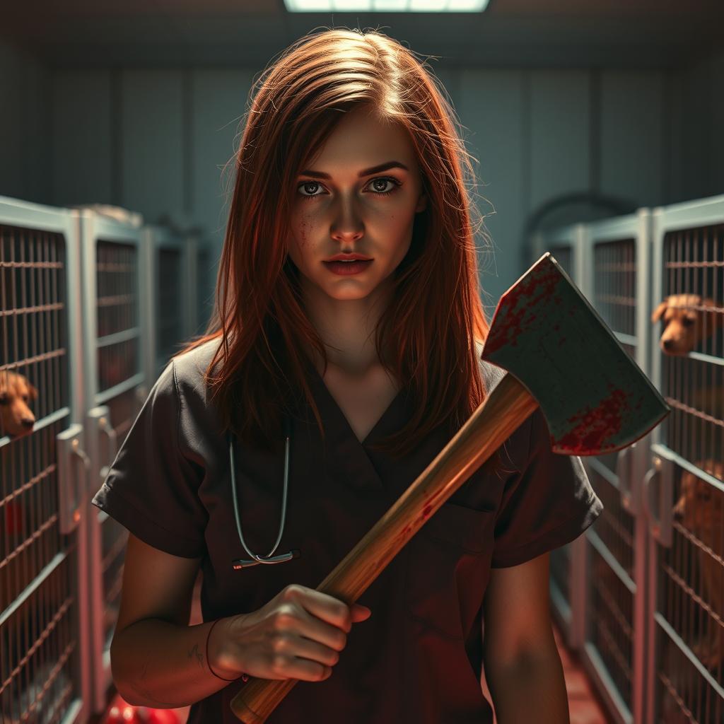 A realistic movie-like scene featuring a beautiful teenage redhead with shoulder-length hair, gripping a bloody axe in her hand