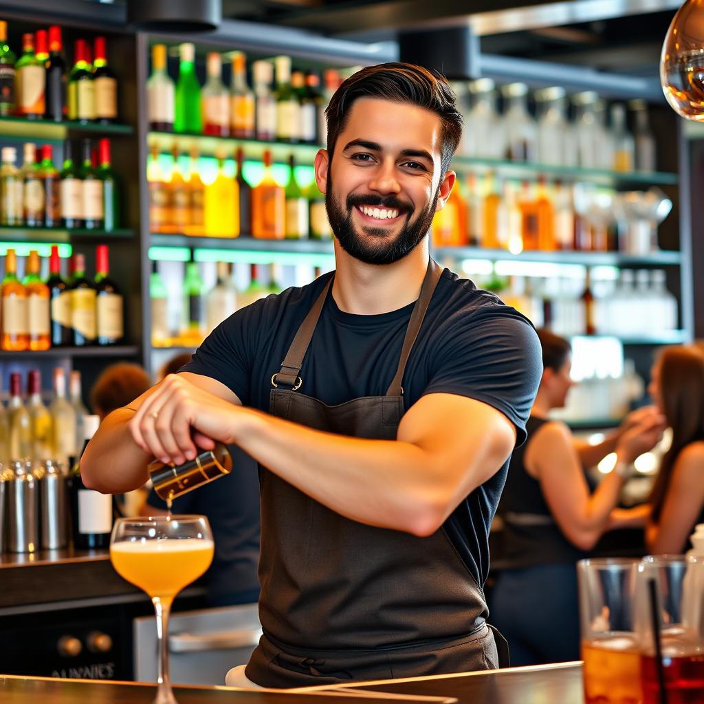 A 30-year-old male bartender with short dark hair and a neatly trimmed beard, dressed in a fitted black t-shirt paired with a bartender's apron