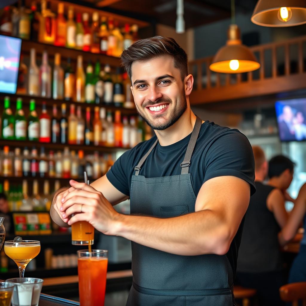 A 30-year-old male bartender with short dark hair and a neatly trimmed beard, dressed in a fitted black t-shirt paired with a bartender's apron