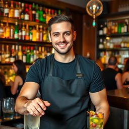 A 30-year-old male bartender with short dark hair and a neatly trimmed beard, dressed in a fitted black t-shirt paired with a bartender's apron