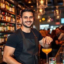 A 30-year-old male bartender with short dark hair and a neatly trimmed beard, dressed in a fitted black t-shirt paired with a bartender's apron