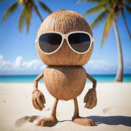 A daring coconut character with hands and legs, with an edgy stare from behind sunglasses, striking a cool pose on a sandy beach with palm trees.