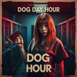 A realistic movie poster for a horror film titled 'Dog Day Hour', featuring a beautiful teenage redhead with shoulder-length hair, gripping a bloody axe in one hand