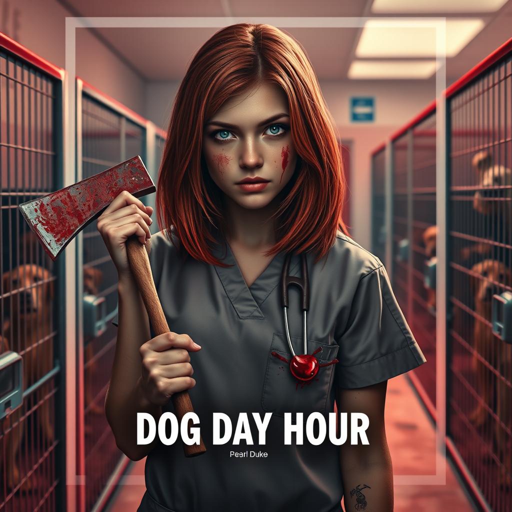 A realistic movie poster for a horror film titled 'Dog Day Hour', featuring a beautiful teenage redhead with shoulder-length hair, gripping a bloody axe in one hand