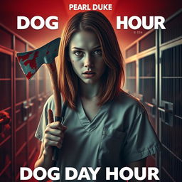 A realistic movie poster for a horror film titled 'Dog Day Hour', featuring a beautiful teenage redhead with shoulder-length hair, gripping a bloody axe in one hand