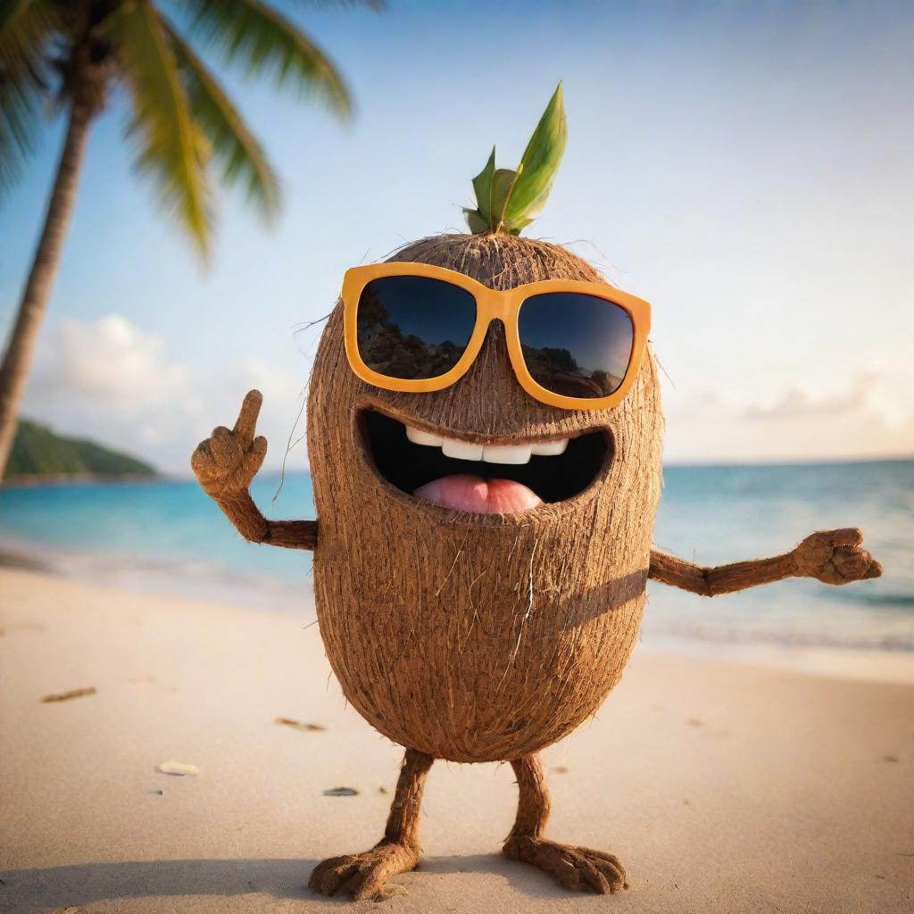 A charismatic coconut character standing on one hand, with legs in the air, equipped with sunglasses. With an audacious stare, it poses against a beach and sunset backdrop.