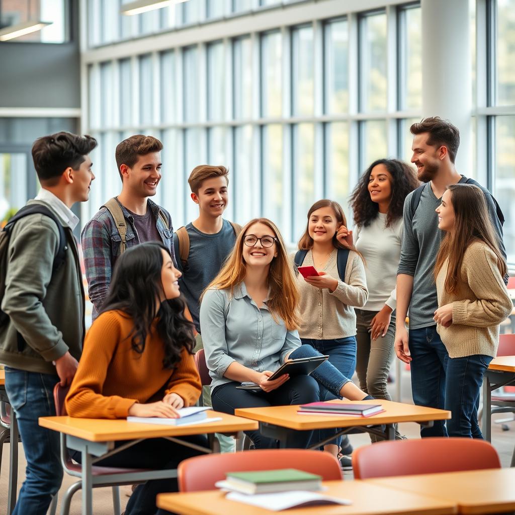 A lively group of diverse students in their early 20s, showcasing a variety of outfits ranging from casual wear to slightly formal attire