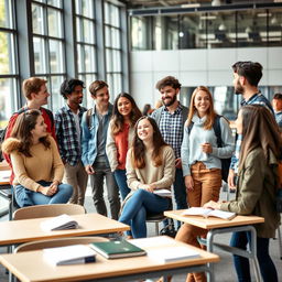 A lively group of diverse students in their early 20s, showcasing a variety of outfits ranging from casual wear to slightly formal attire