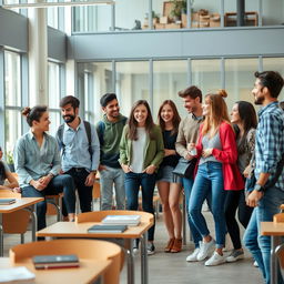 A lively group of diverse students in their early 20s, showcasing a variety of outfits ranging from casual wear to slightly formal attire