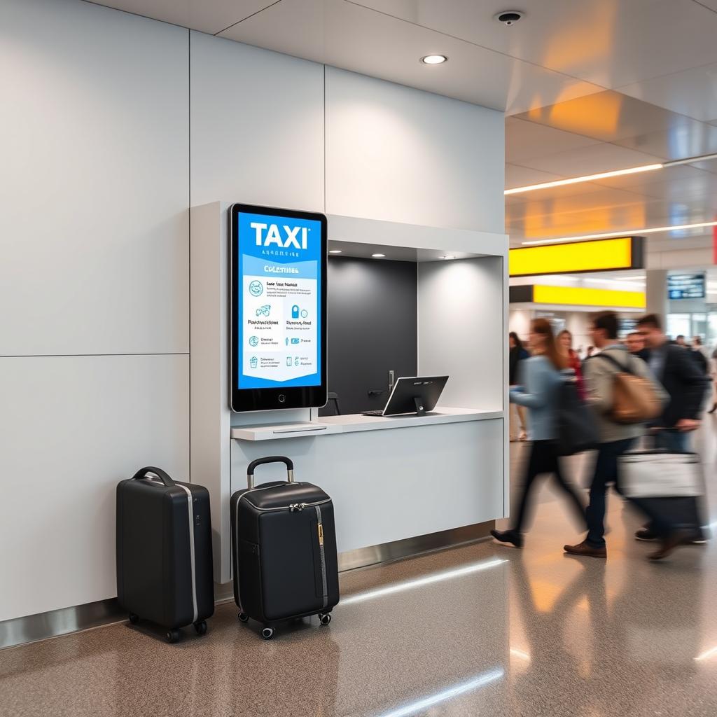 Cubículo pequeño empotrado en el muro para atención a clientes de una compañía de taxis en un aeropuerto