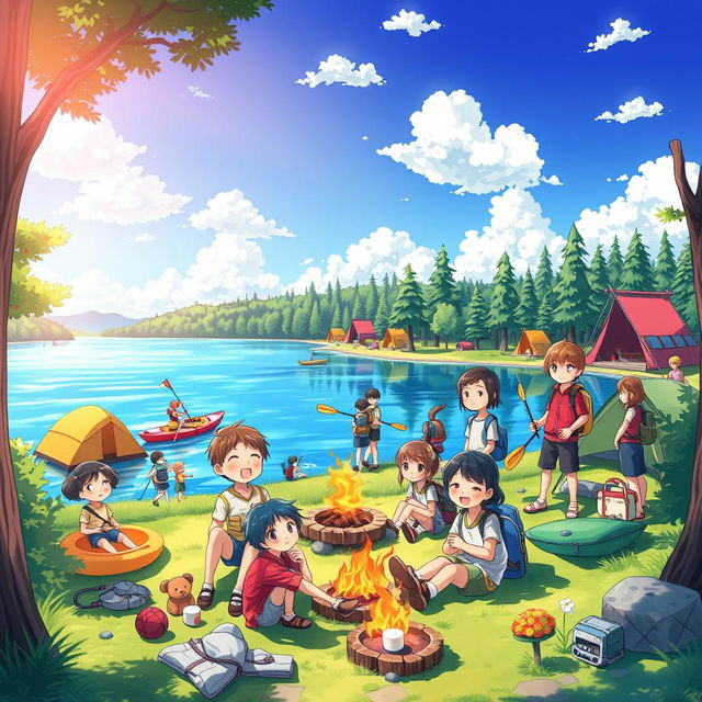 A vibrant anime illustration depicting a lively summer camp scene