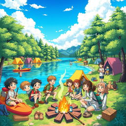 A vibrant anime illustration depicting a lively summer camp scene