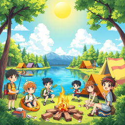 A vibrant anime illustration depicting a lively summer camp scene