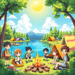 A vibrant anime illustration depicting a lively summer camp scene