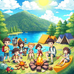 A vibrant anime illustration depicting a lively summer camp scene