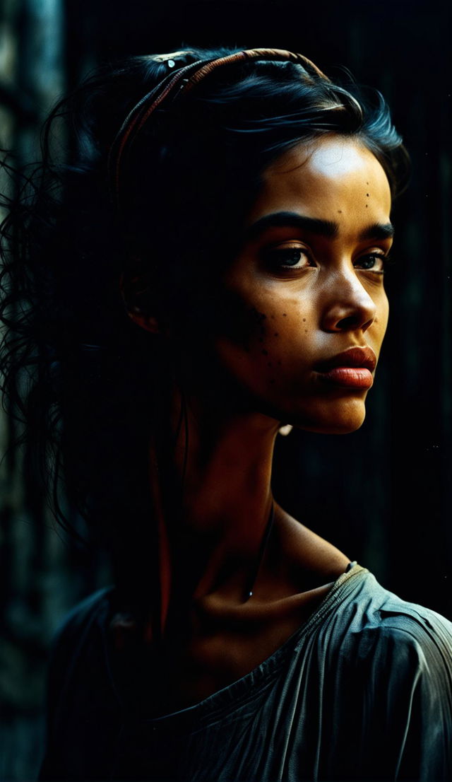 Ultra high-resolution 36k real-life photograph in Steve McCurry style of a beautiful woman in side profile against a gritty background.