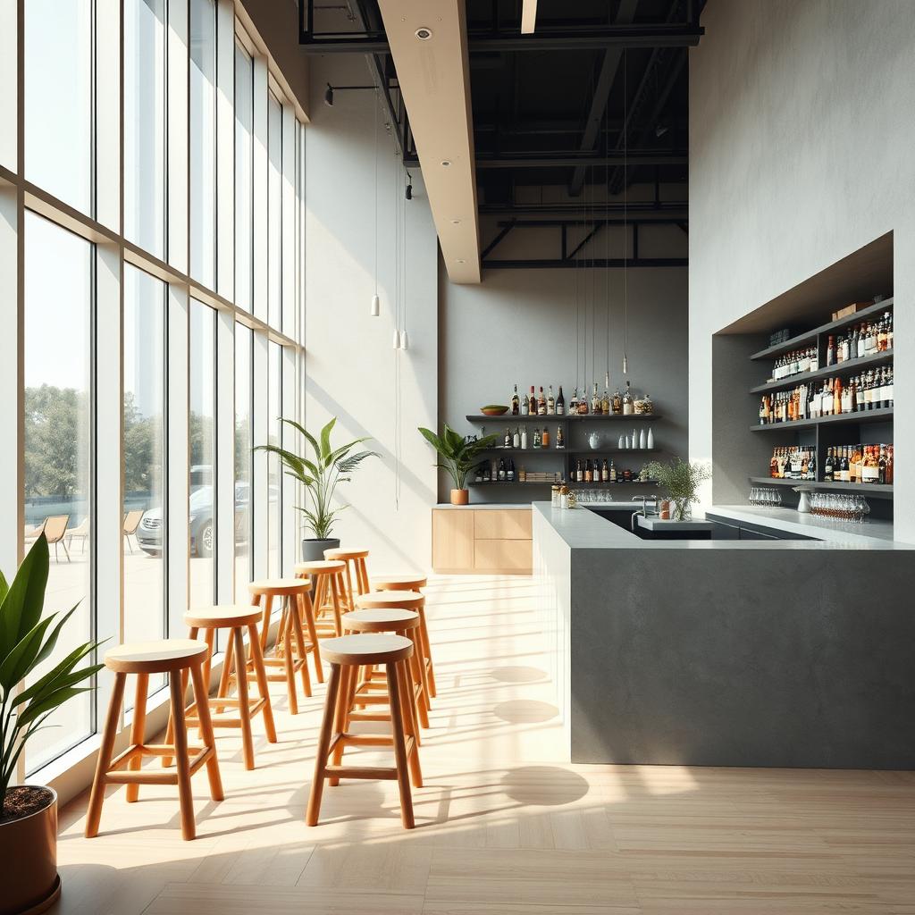 A stylish minimalist interior design of a modern bar, featuring sleek lines and open spaces