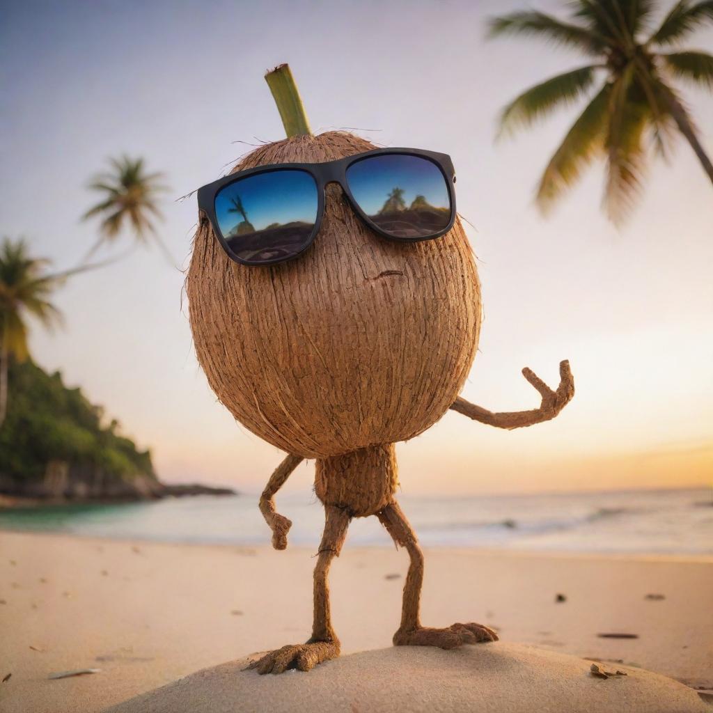 A charismatic coconut character standing on one hand, with legs in the air, equipped with sunglasses. With an audacious stare, it poses against a beach and sunset backdrop.