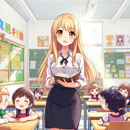 An anime-style illustration of a young, attractive female teacher with long, flowing blonde hair and striking hazel eyes