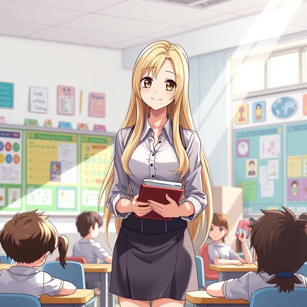 An anime-style illustration of a young, attractive female teacher with long, flowing blonde hair and striking hazel eyes