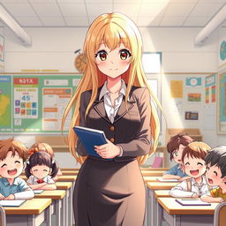 An anime-style illustration of a young, attractive female teacher with long, flowing blonde hair and striking hazel eyes