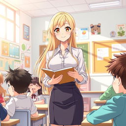 An anime-style illustration of a young, attractive female teacher with long, flowing blonde hair and striking hazel eyes