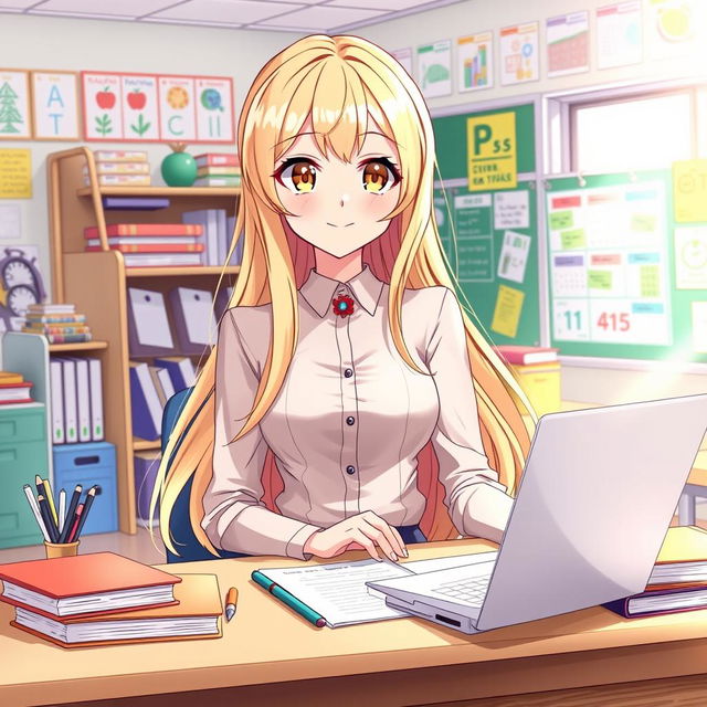 An enchanting anime-style illustration of a young female teacher with long, flowing blonde hair and captivating hazel eyes, seated at her desk in a bright, colorful classroom