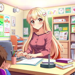 An enchanting anime-style illustration of a young female teacher with long, flowing blonde hair and captivating hazel eyes, seated at her desk in a bright, colorful classroom