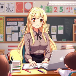 An enchanting anime-style illustration of a young female teacher with long, flowing blonde hair and captivating hazel eyes, seated at her desk in a bright, colorful classroom