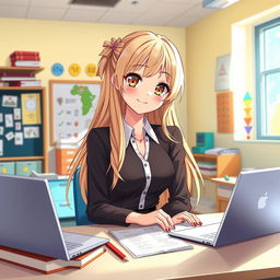 An enchanting anime-style illustration of a young female teacher with long, flowing blonde hair and captivating hazel eyes, seated at her desk in a bright, colorful classroom