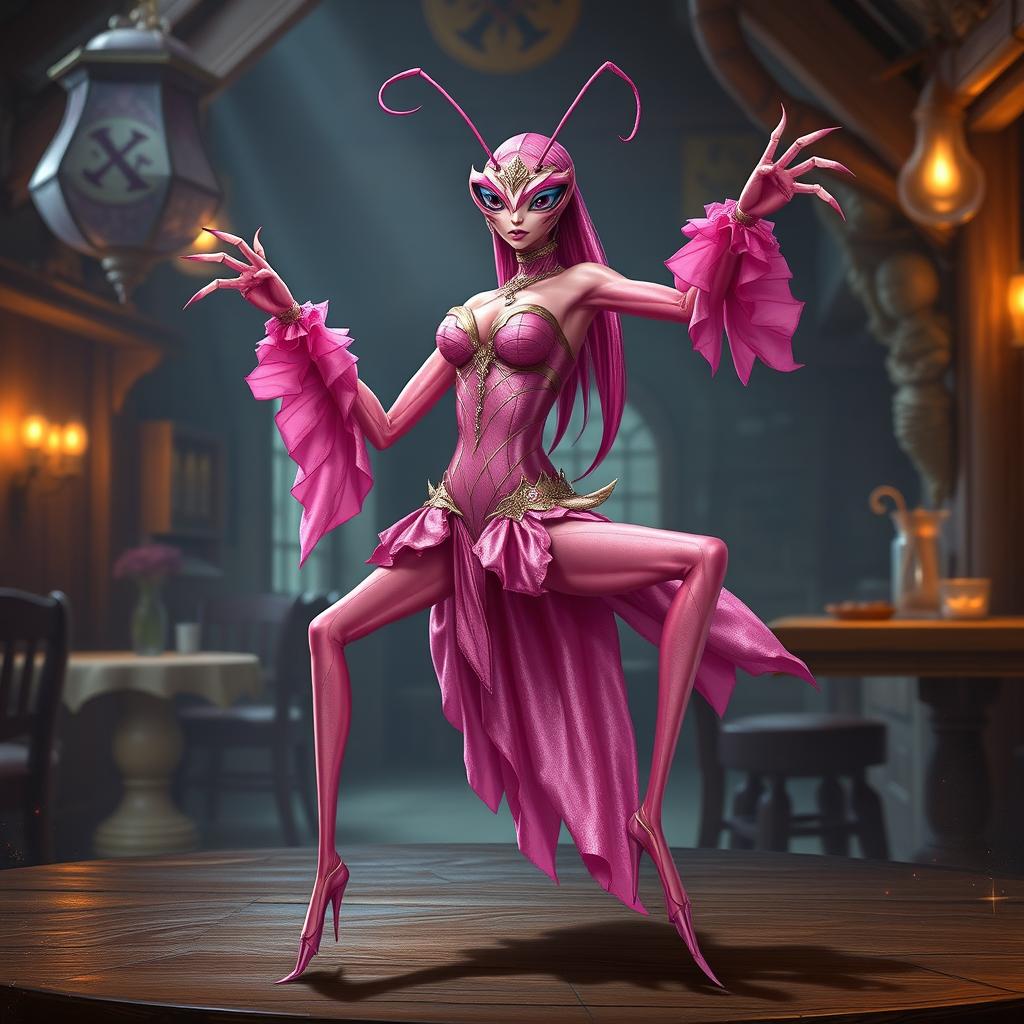 A Dungeons & Dragons character concept of a praying mantis assassin with feminine features, wearing an alluring pink costume that accentuates her sleek form