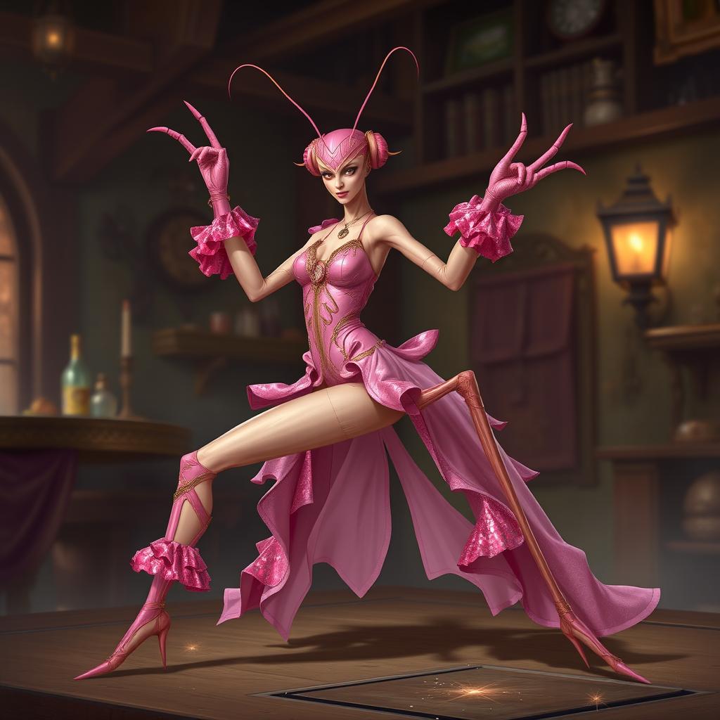 A Dungeons & Dragons character concept of a praying mantis assassin with feminine features, wearing an alluring pink costume that accentuates her sleek form