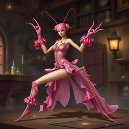 A Dungeons & Dragons character concept of a praying mantis assassin with feminine features, wearing an alluring pink costume that accentuates her sleek form