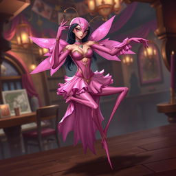 A Dungeons & Dragons character concept of a praying mantis assassin with feminine features, wearing an alluring pink costume that accentuates her sleek form