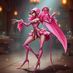 A Dungeons & Dragons character concept of a praying mantis assassin with feminine features, wearing an alluring pink costume that accentuates her sleek form