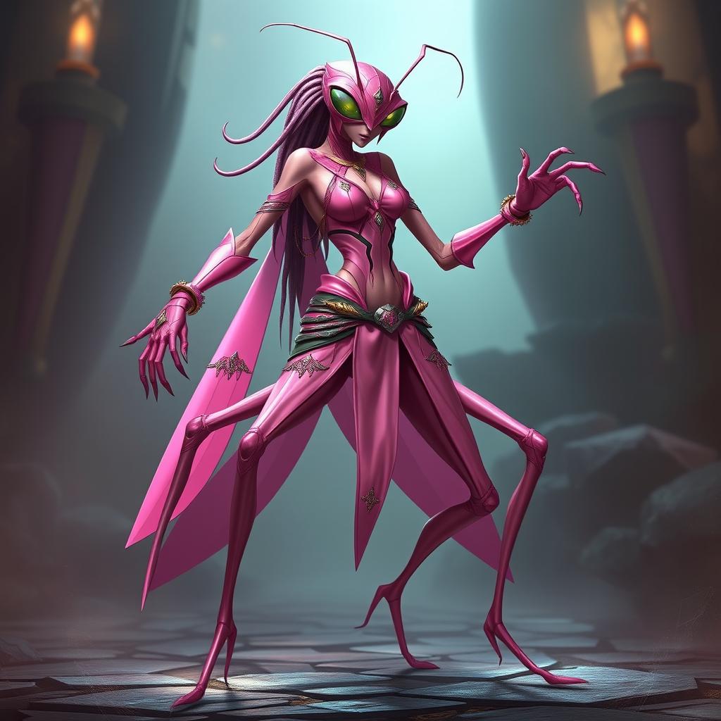 A Dungeons & Dragons bug folk character, designed as a humanoid praying mantis assassin