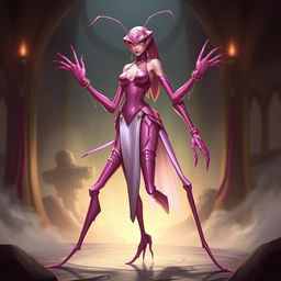 A Dungeons & Dragons bug folk character, designed as a humanoid praying mantis assassin