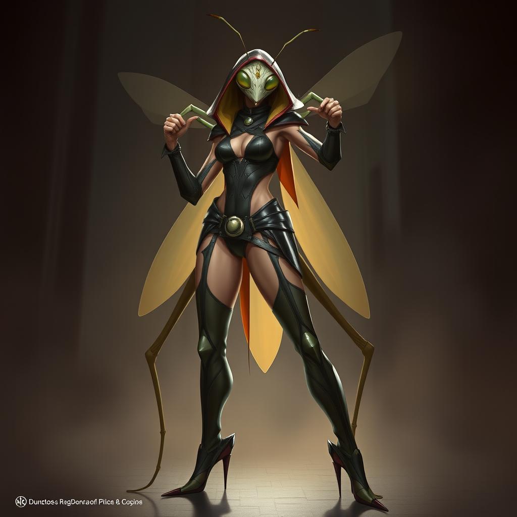 A Dungeons & Dragons bug folk character, envisioned as a humanoid praying mantis assassin