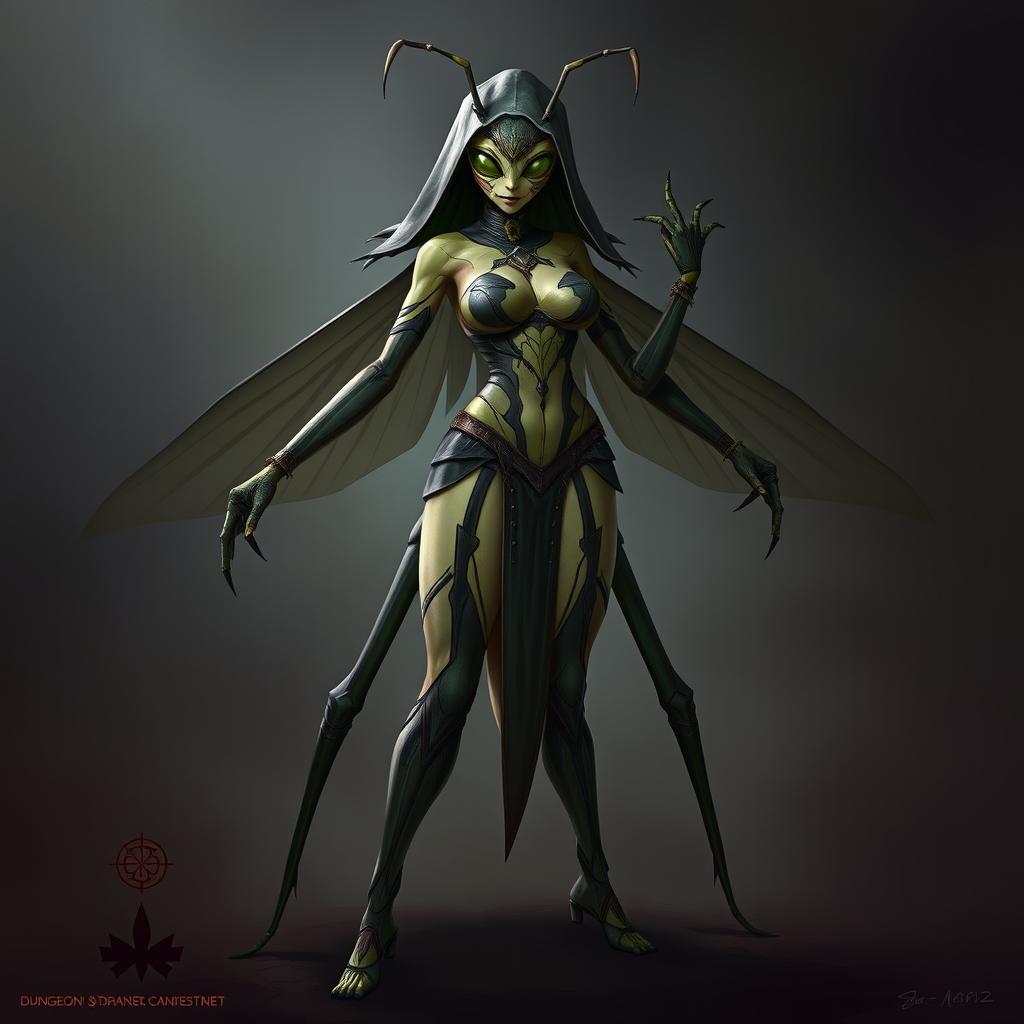 A Dungeons & Dragons bug folk character, envisioned as a humanoid praying mantis assassin