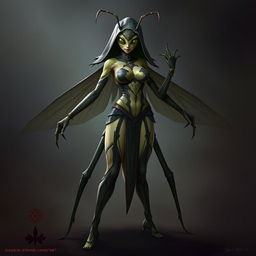 A Dungeons & Dragons bug folk character, envisioned as a humanoid praying mantis assassin