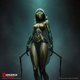 A Dungeons & Dragons bug folk character, envisioned as a humanoid praying mantis assassin