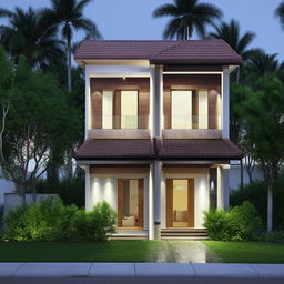 A two-story house with four bedrooms; two bedrooms with attached bathrooms and two with common bathrooms. Maintain a balance between modern design and comfort.