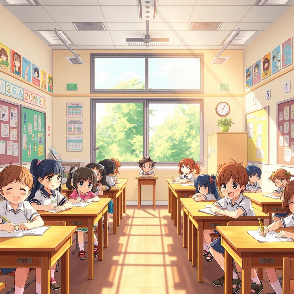 An anime-style illustration depicting a vibrant and lively fifth-grade classroom