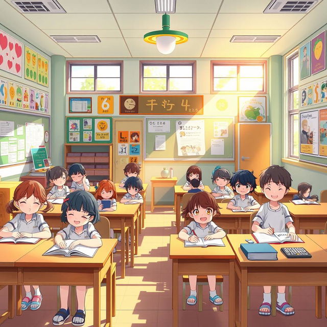 An anime-style illustration depicting a vibrant and lively fifth-grade classroom