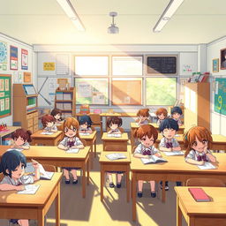 An anime-style illustration depicting a vibrant and lively fifth-grade classroom